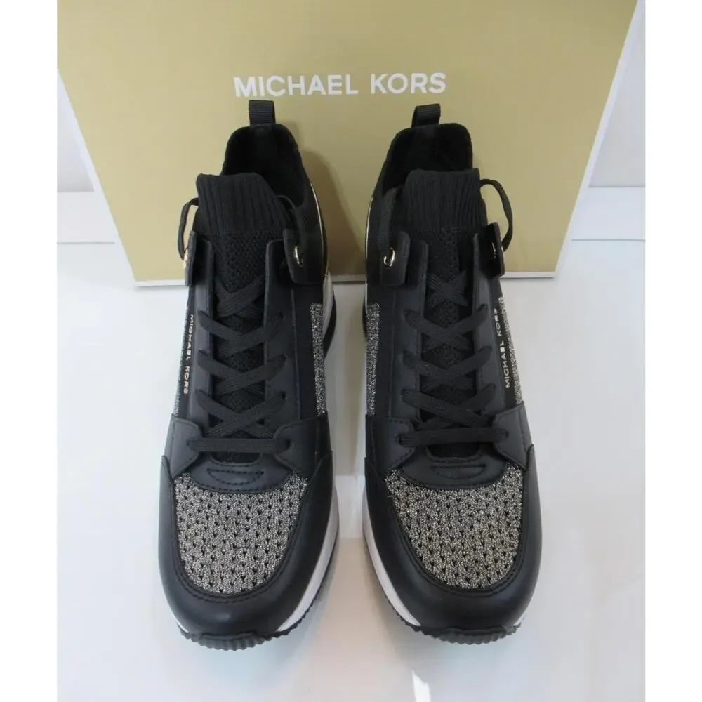 Michael Kors Georgie Knit Trainer Wedge Sneakers Laces MK Logo Black/Gold Size 8